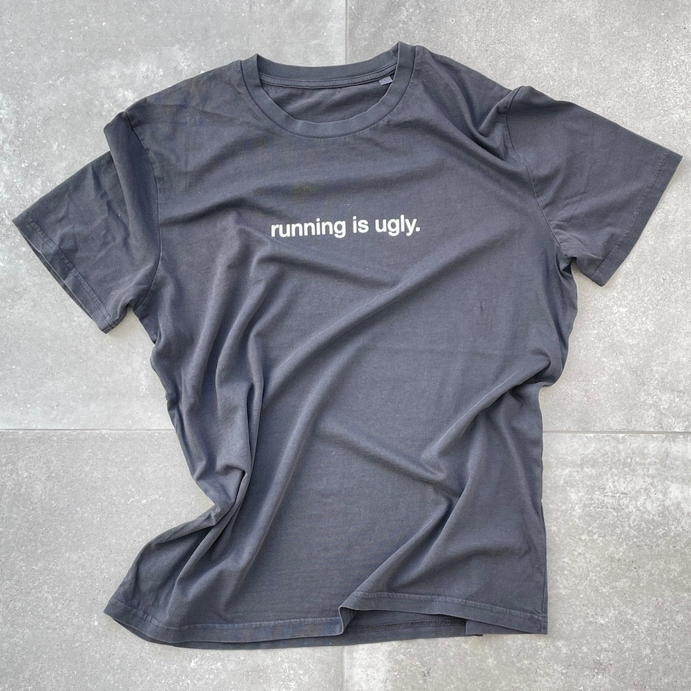 tee, running is ugly, vintage black.